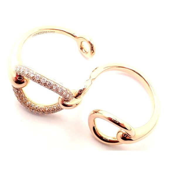 Authentic! Hermes 18k Rose Gold Diamond Filet d'Or Large Model Double Band Ring - Picture 6 of 10